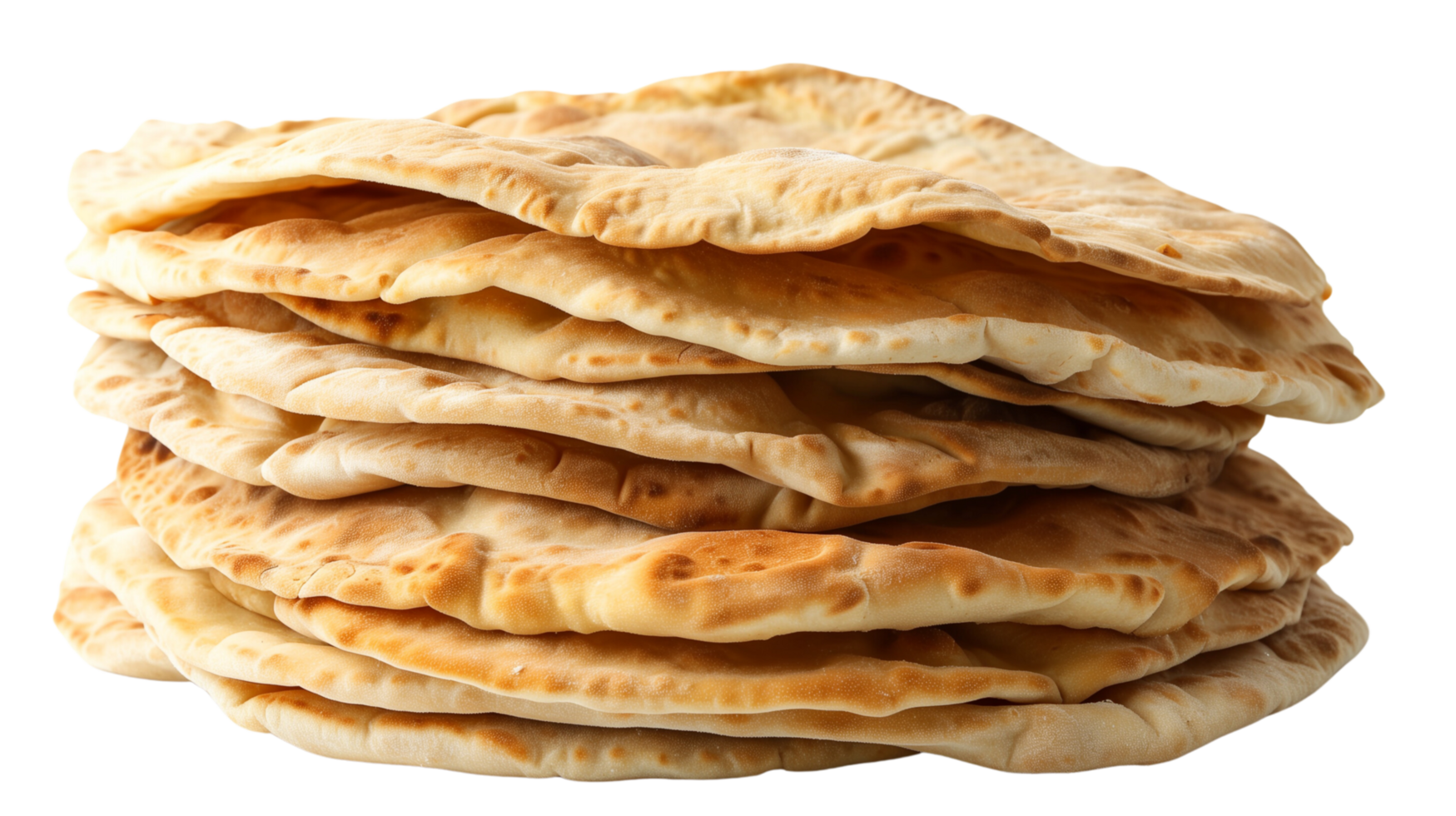 A neatly stacked pile of freshly baked pita bread, isolated on a transparent background png