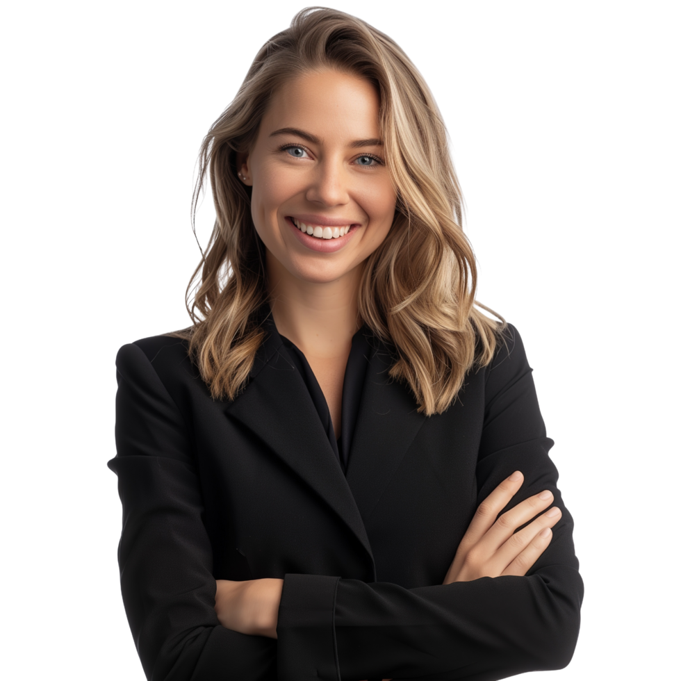 A professional and confident business woman smiling, isolated on a transparent background png