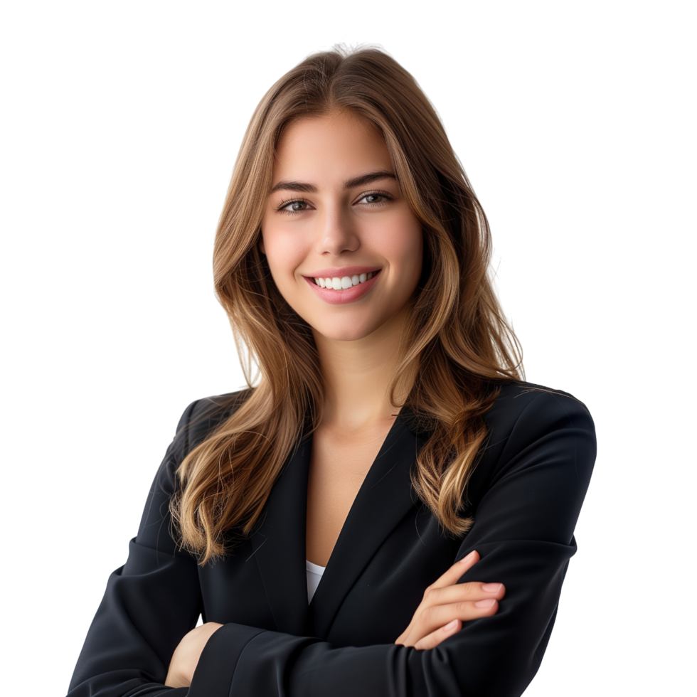 A professional and confident business woman smiling, isolated on a transparent background png