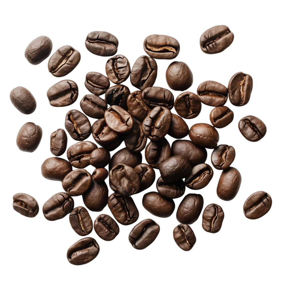 A roasted coffee beans scattered isolated on a transparent background png