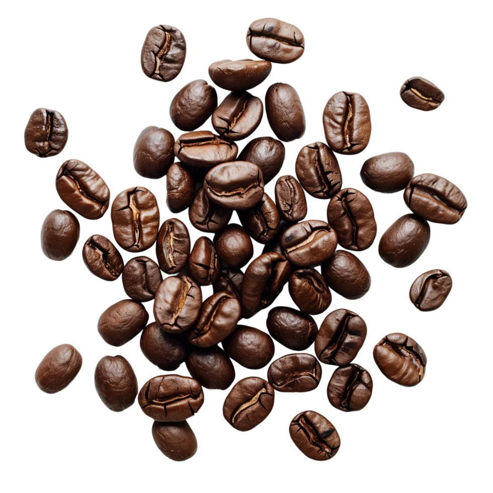 A roasted coffee beans scattered isolated on a transparent background png