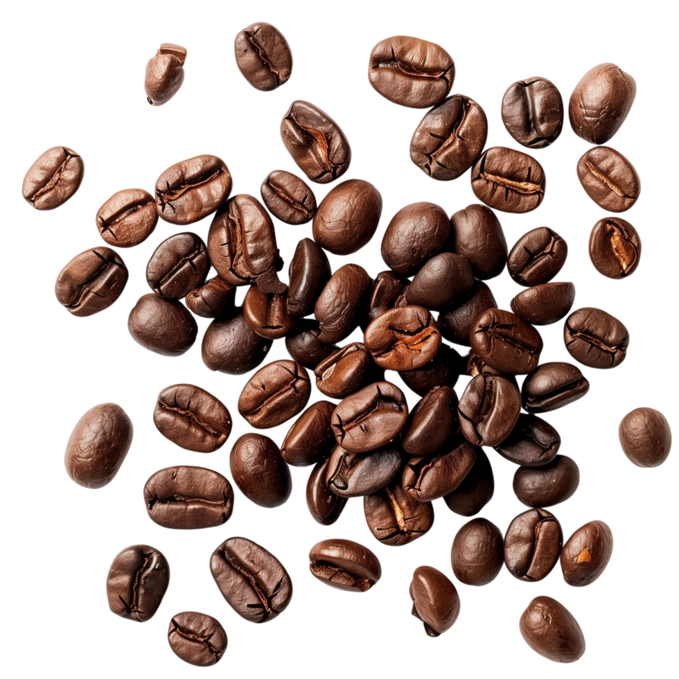 A roasted coffee beans scattered isolated on a transparent background png