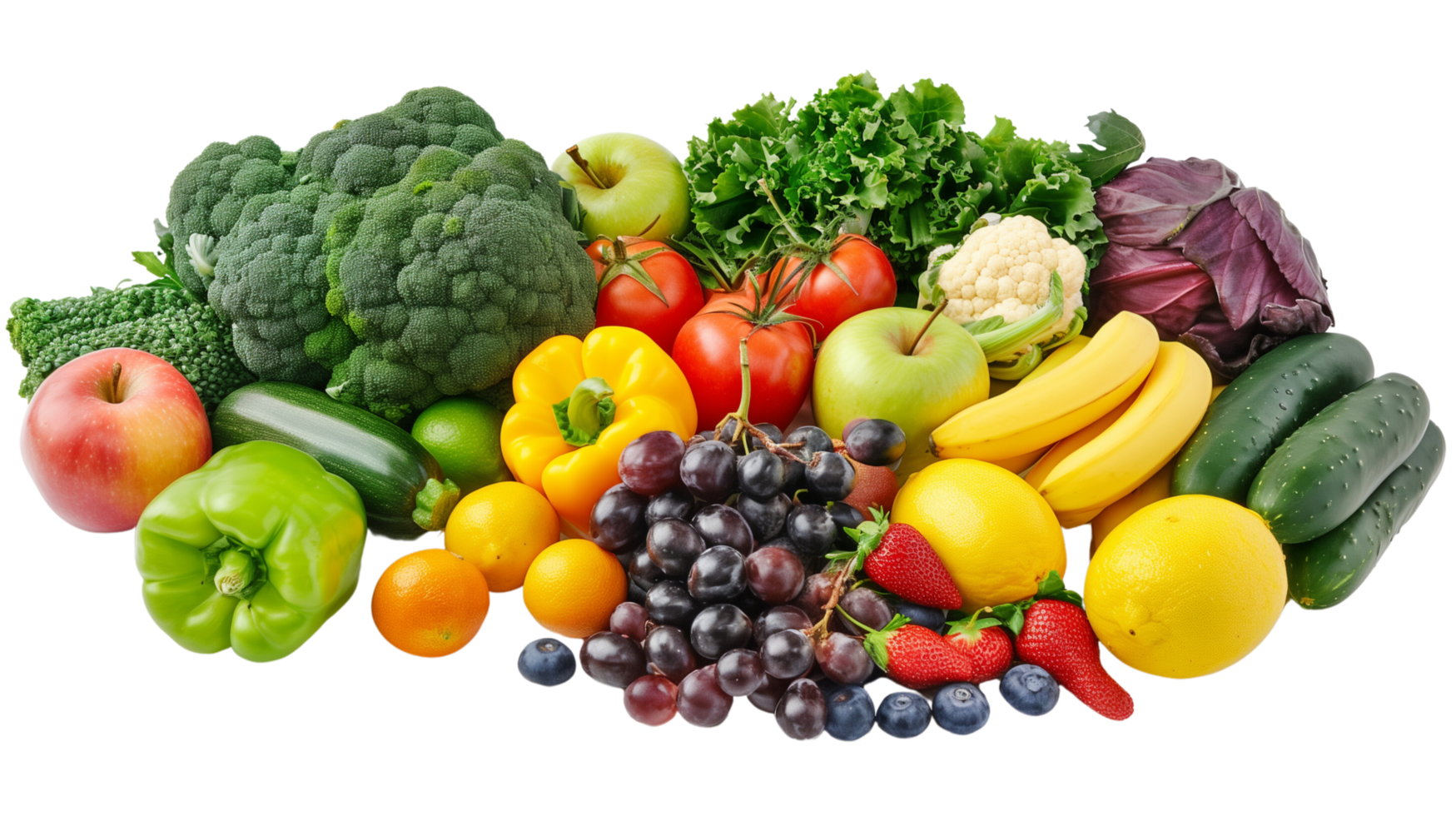 A vibrant assortment of fresh fruits and vegetables isolated on a transparent background png