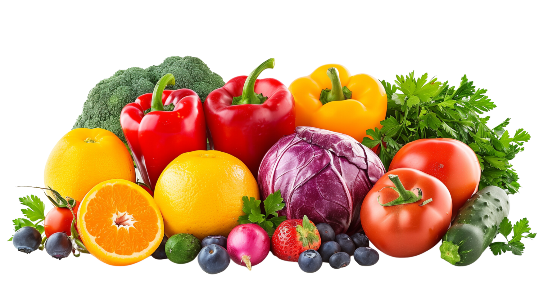 A vibrant assortment of fresh fruits and vegetables isolated on a transparent background png