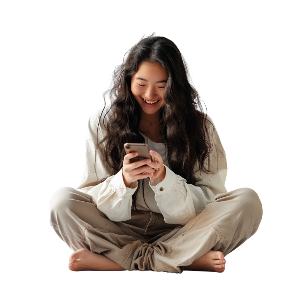 A woman sits on the floor, joyfully watching her smartphone, isolated on a transparent background png