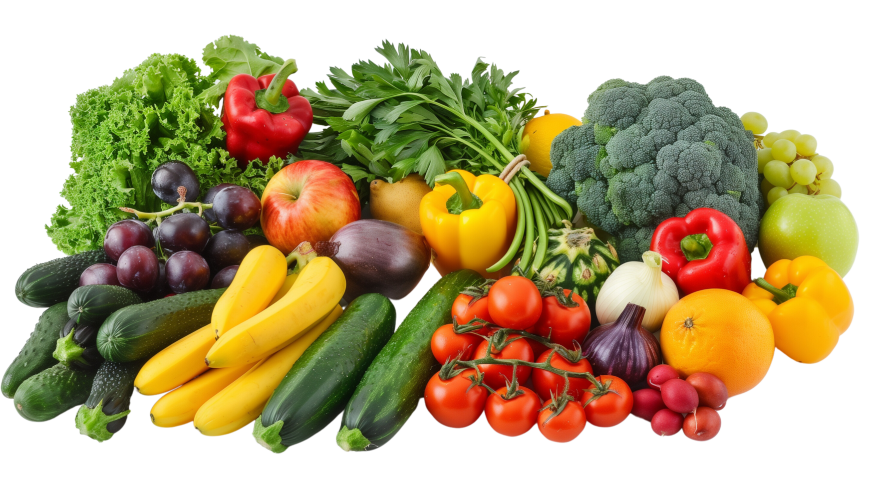 A vibrant assortment of fresh fruits and vegetables isolated on a transparent background png