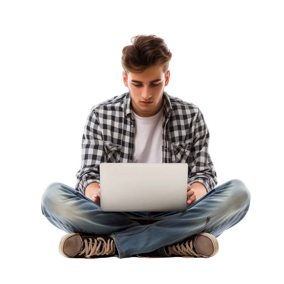 A young man sitting cross-legged with a laptop, focused and immersed in his work, isolated on a transparent background png