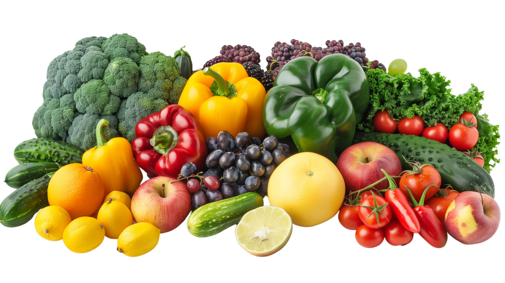 A vibrant assortment of fresh fruits and vegetables isolated on a transparent background png