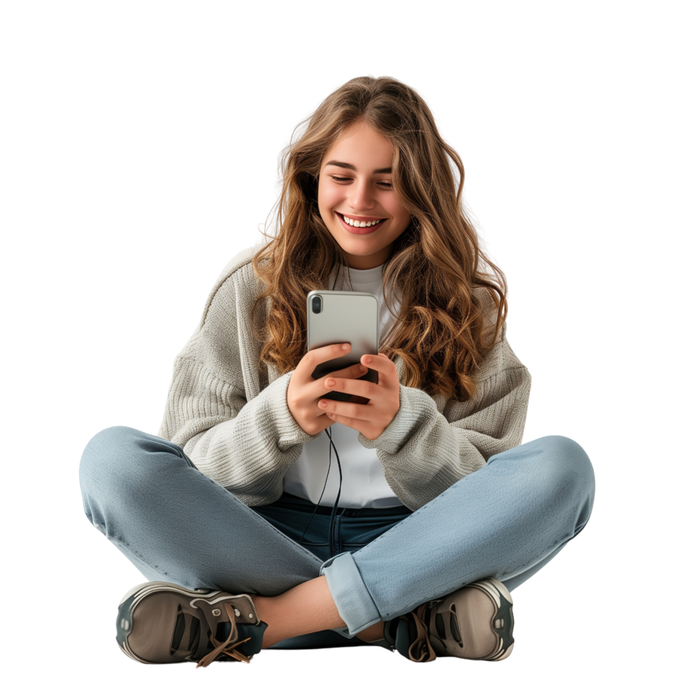 A woman sits on the floor, joyfully watching her smartphone, isolated on a transparent background png