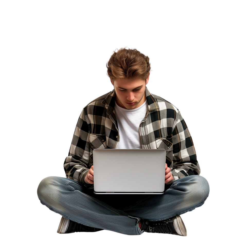 A young man sitting cross-legged with a laptop, focused and immersed in his work, isolated on a transparent background png