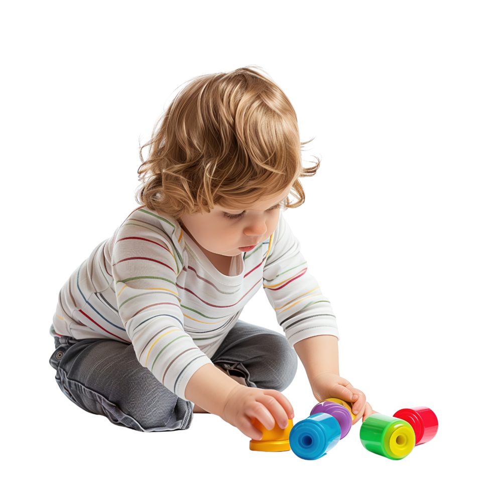 A young child playing with a colorful toy, captured in a moment of joy and curiosity, isolated on a transparent background png