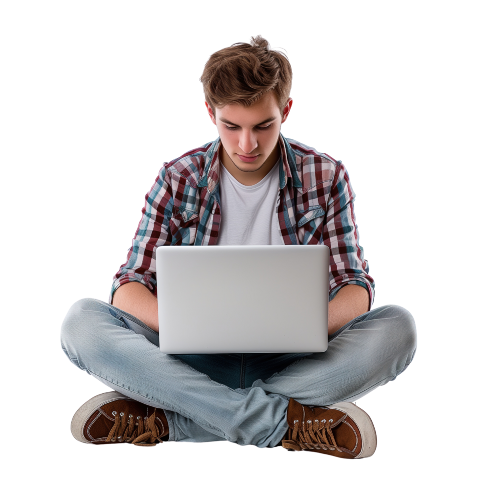 A young man sitting cross-legged with a laptop, focused and immersed in his work, isolated on a transparent background png