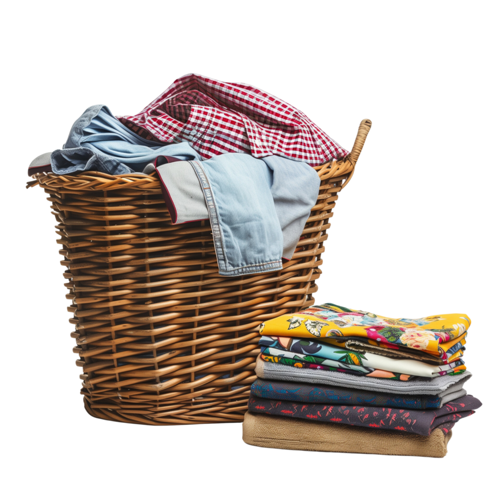 A wicker laundry basket overflowing with clean clothes, next to a stack of freshly laundered and folded garments isolated on a transparent background png