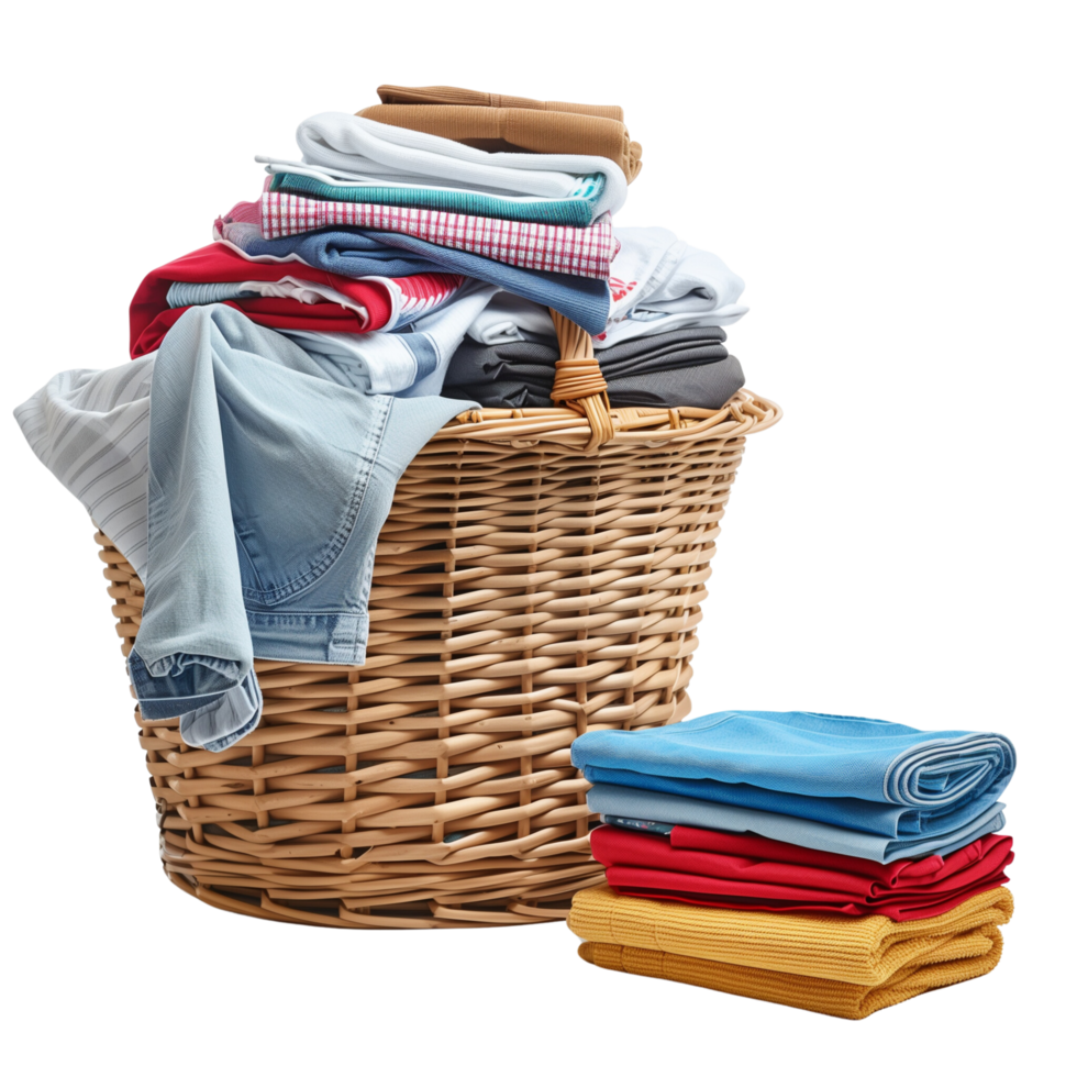 A wicker laundry basket overflowing with clean clothes, next to a stack of freshly laundered and folded garments isolated on a transparent background png