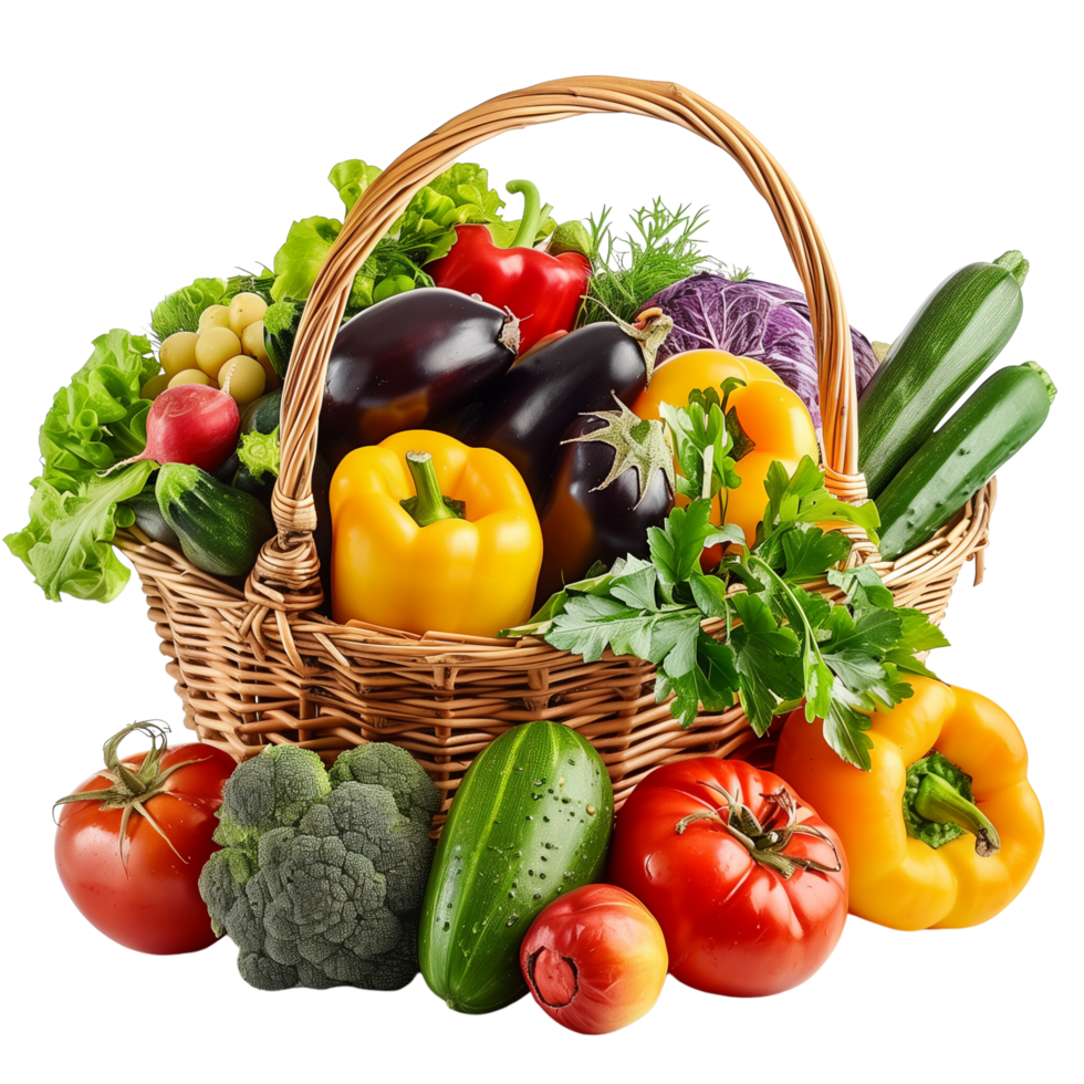 A wicker basket overflowing with an assortment of vibrant organic vegetables and fruits, isolated on a transparent background png