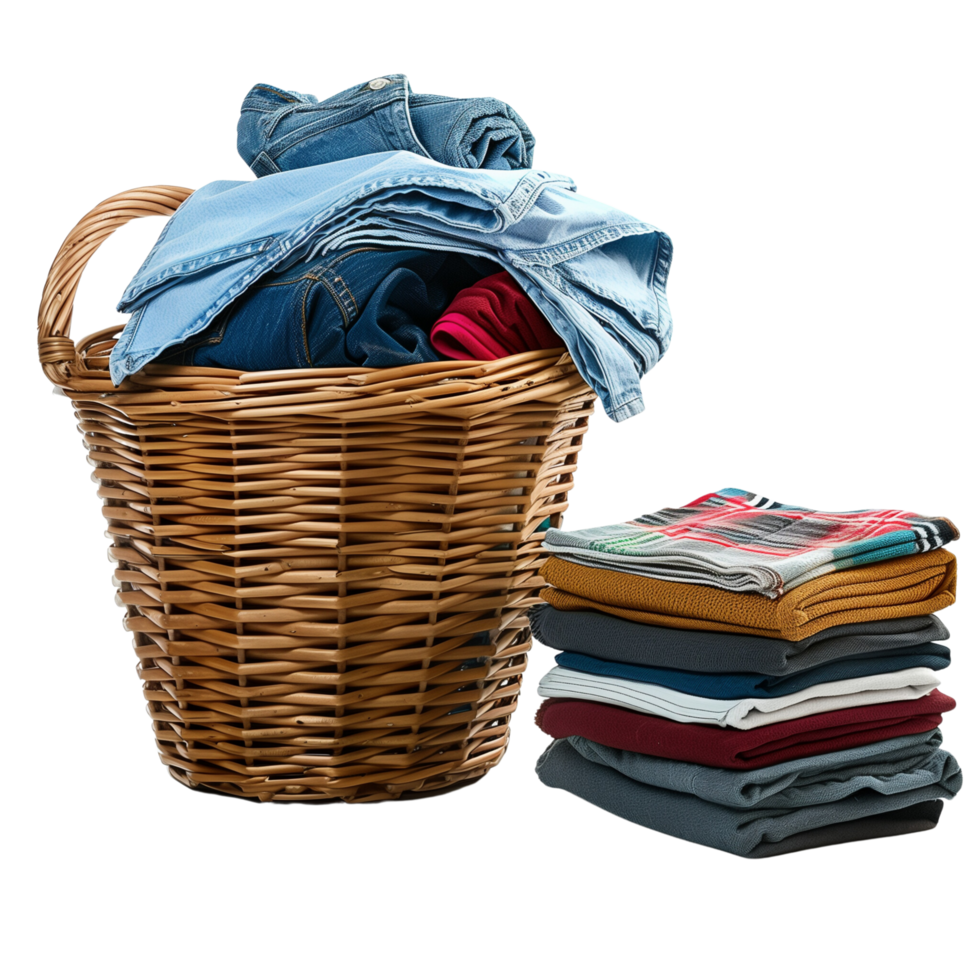 A wicker laundry basket overflowing with clean clothes, next to a stack of freshly laundered and folded garments isolated on a transparent background png