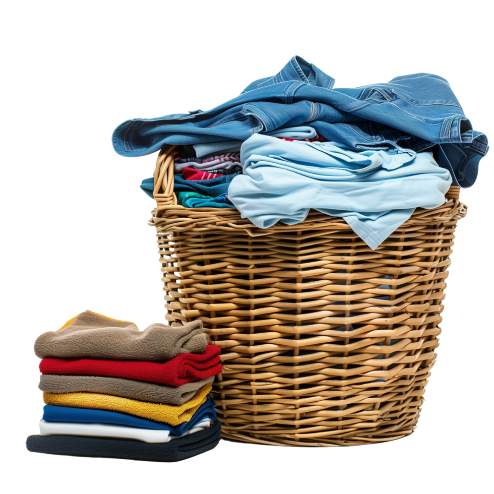 A wicker laundry basket overflowing with clean clothes, next to a stack of freshly laundered and folded garments isolated on a transparent background png