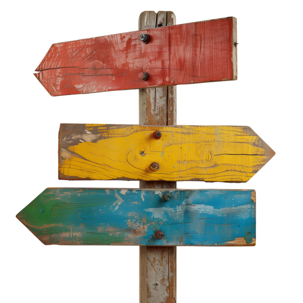 A solid color signpost with multiple directional arrows, isolated on a transparent background png