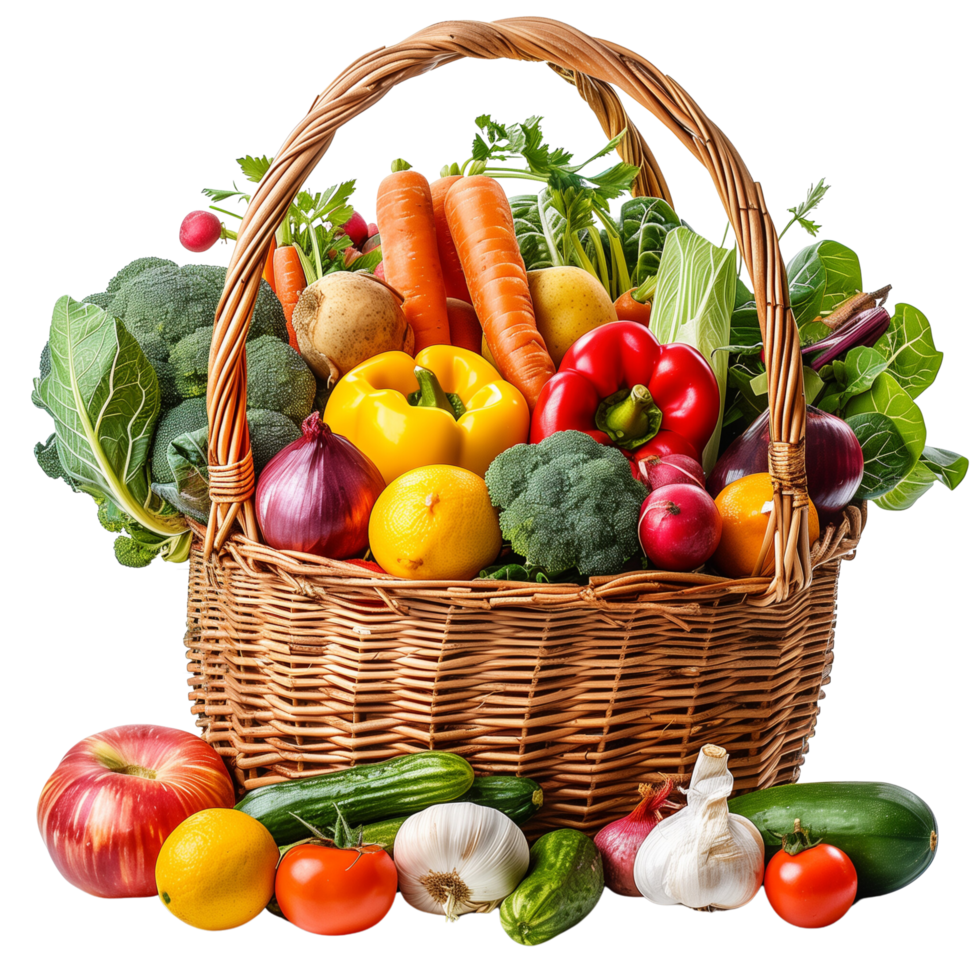 A wicker basket overflowing with an assortment of vibrant organic vegetables and fruits, isolated on a transparent background png