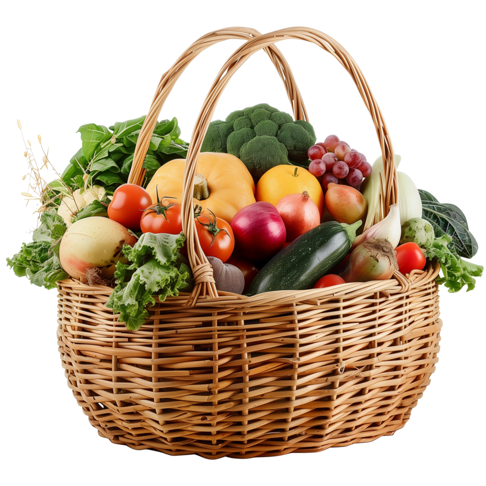 A wicker basket overflowing with an assortment of vibrant organic vegetables and fruits, isolated on a transparent background png