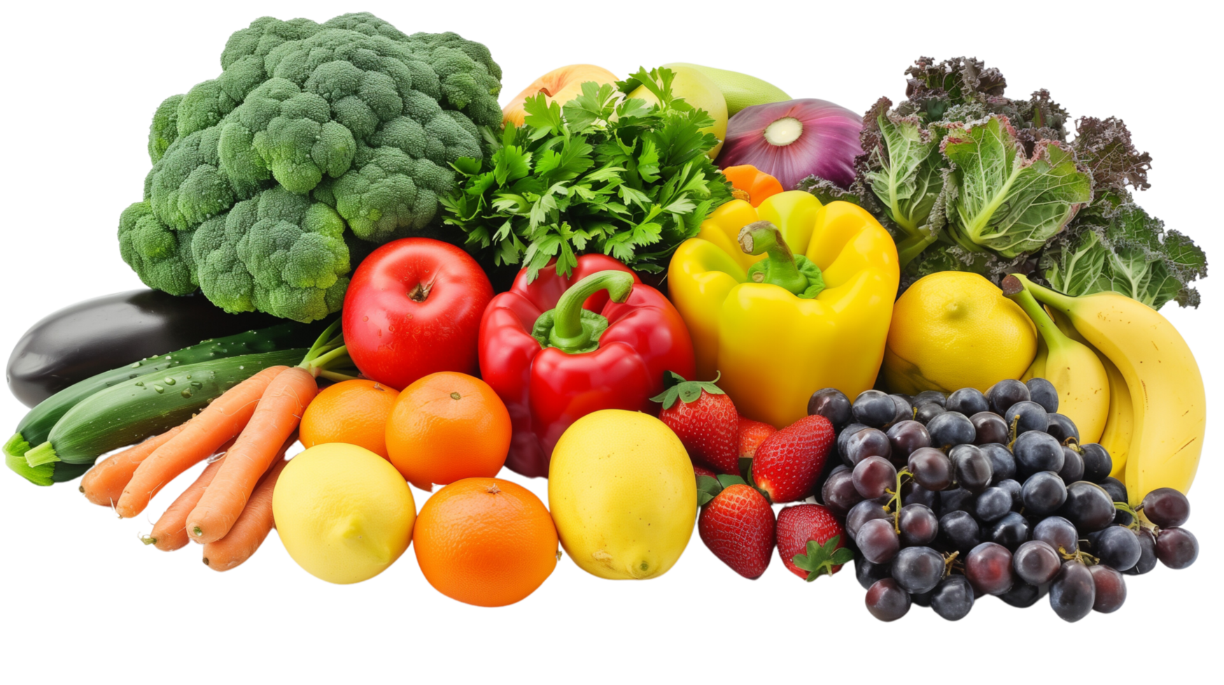 A vibrant assortment of fresh fruits and vegetables isolated on a transparent background png
