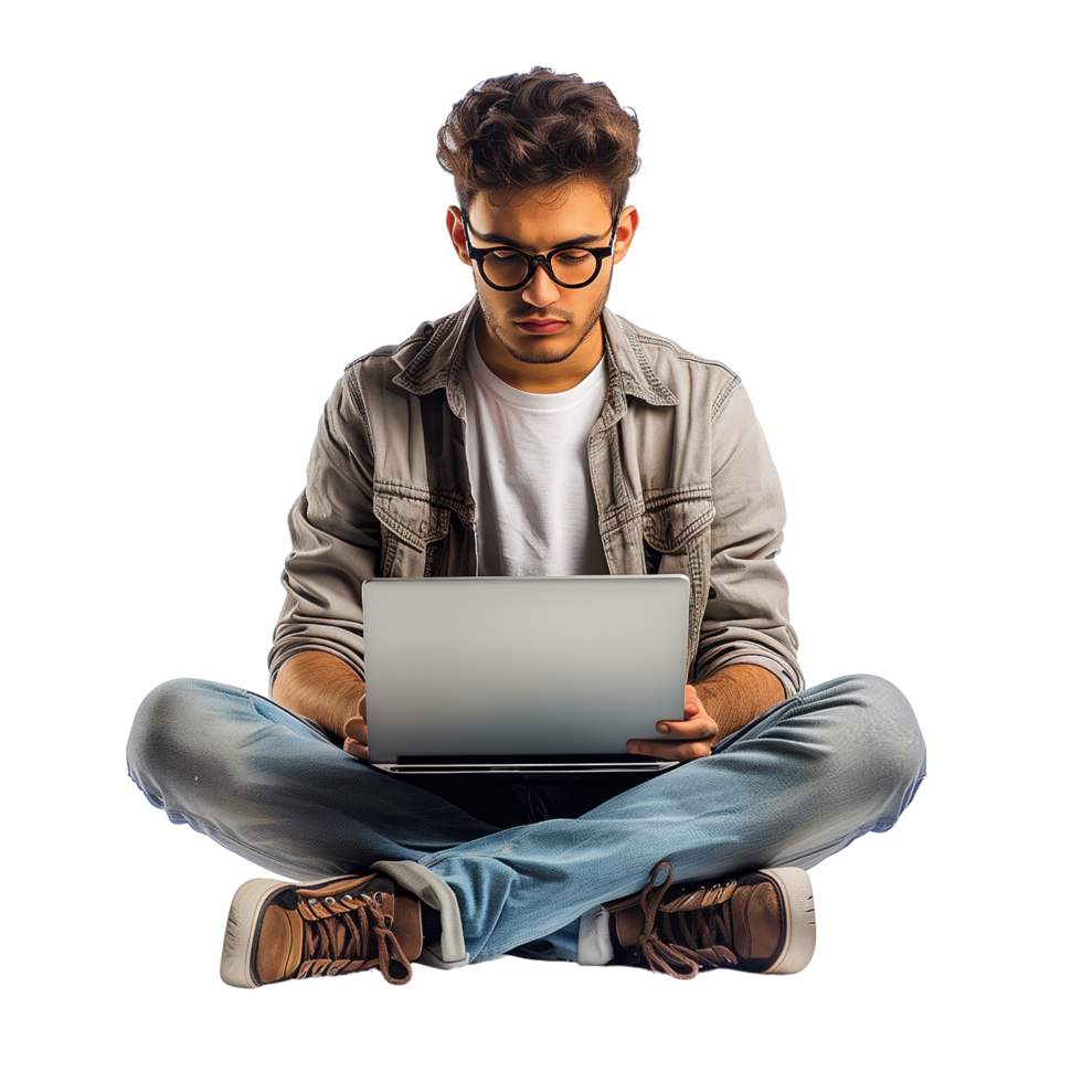 A young man sitting cross-legged with a laptop, focused and immersed in his work, isolated on a transparent background png