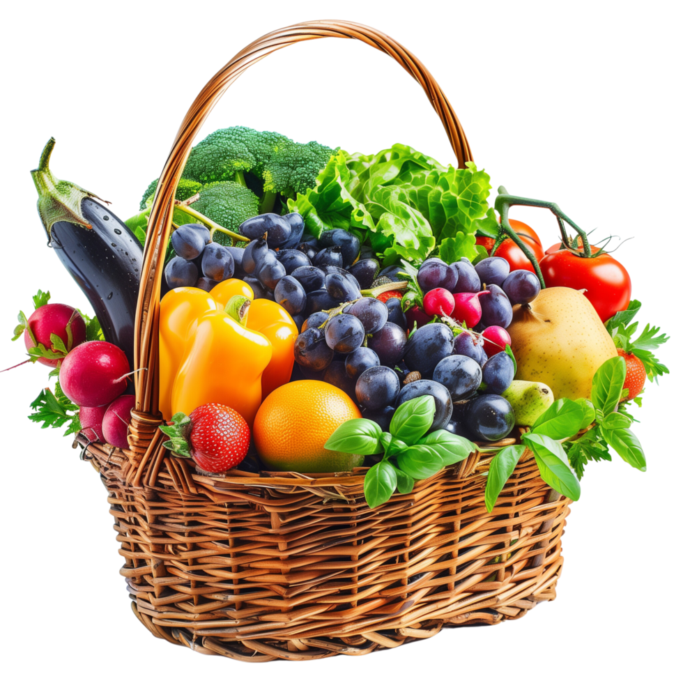 A wicker basket overflowing with an assortment of vibrant organic vegetables and fruits, isolated on a transparent background png