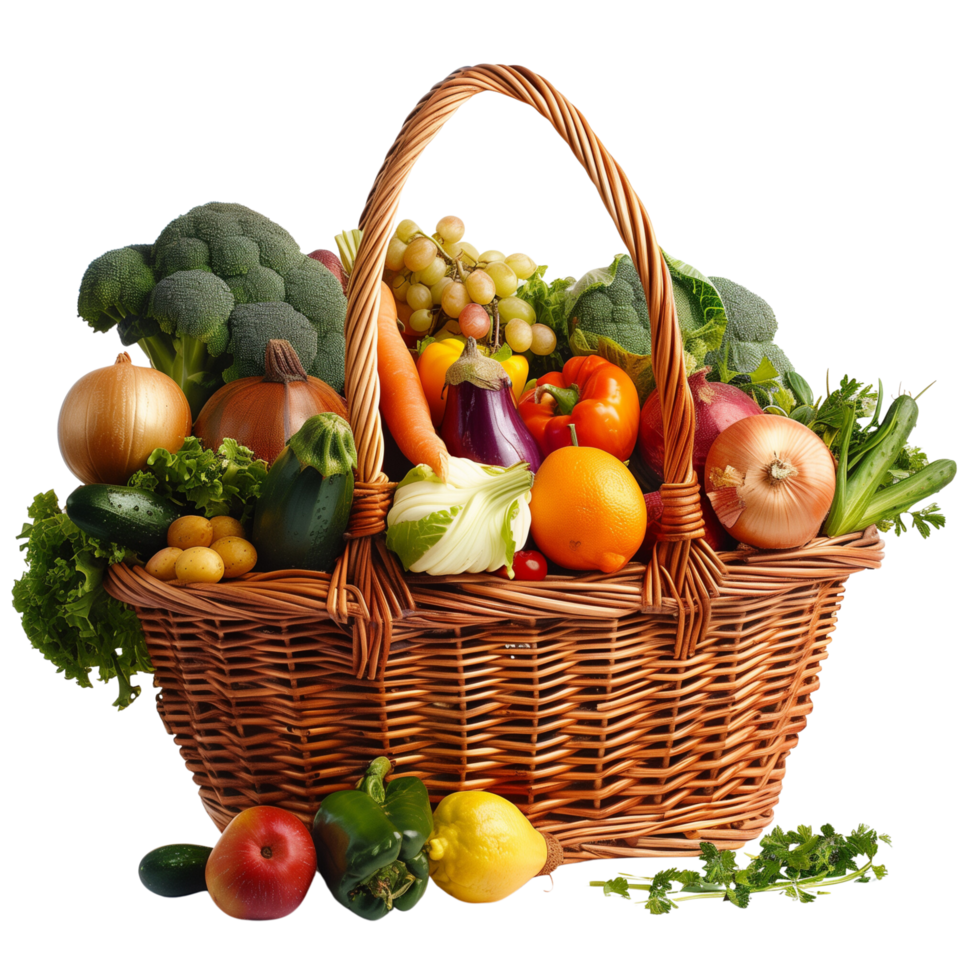 A wicker basket overflowing with an assortment of vibrant organic vegetables and fruits, isolated on a transparent background png