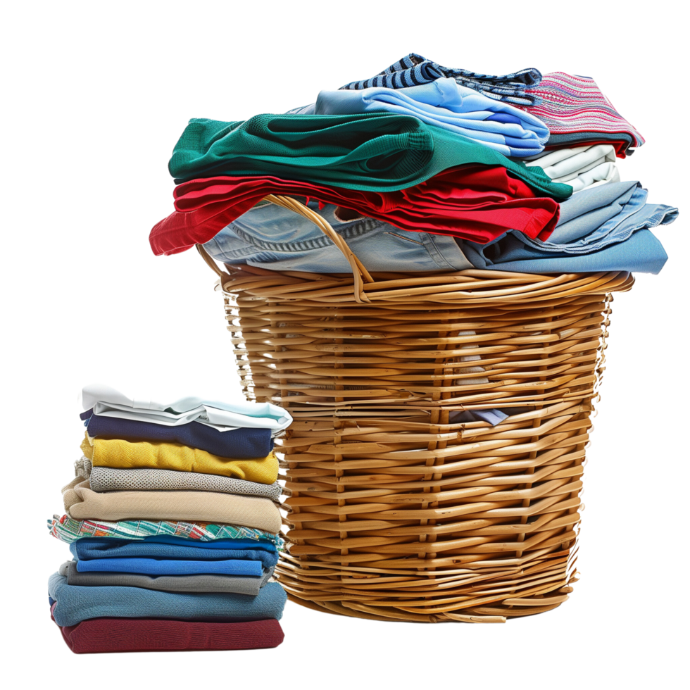 A wicker laundry basket overflowing with clean clothes, next to a stack of freshly laundered and folded garments isolated on a transparent background png