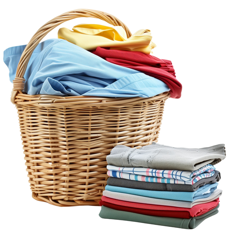 A wicker laundry basket overflowing with clean clothes, next to a stack of freshly laundered and folded garments isolated on a transparent background png