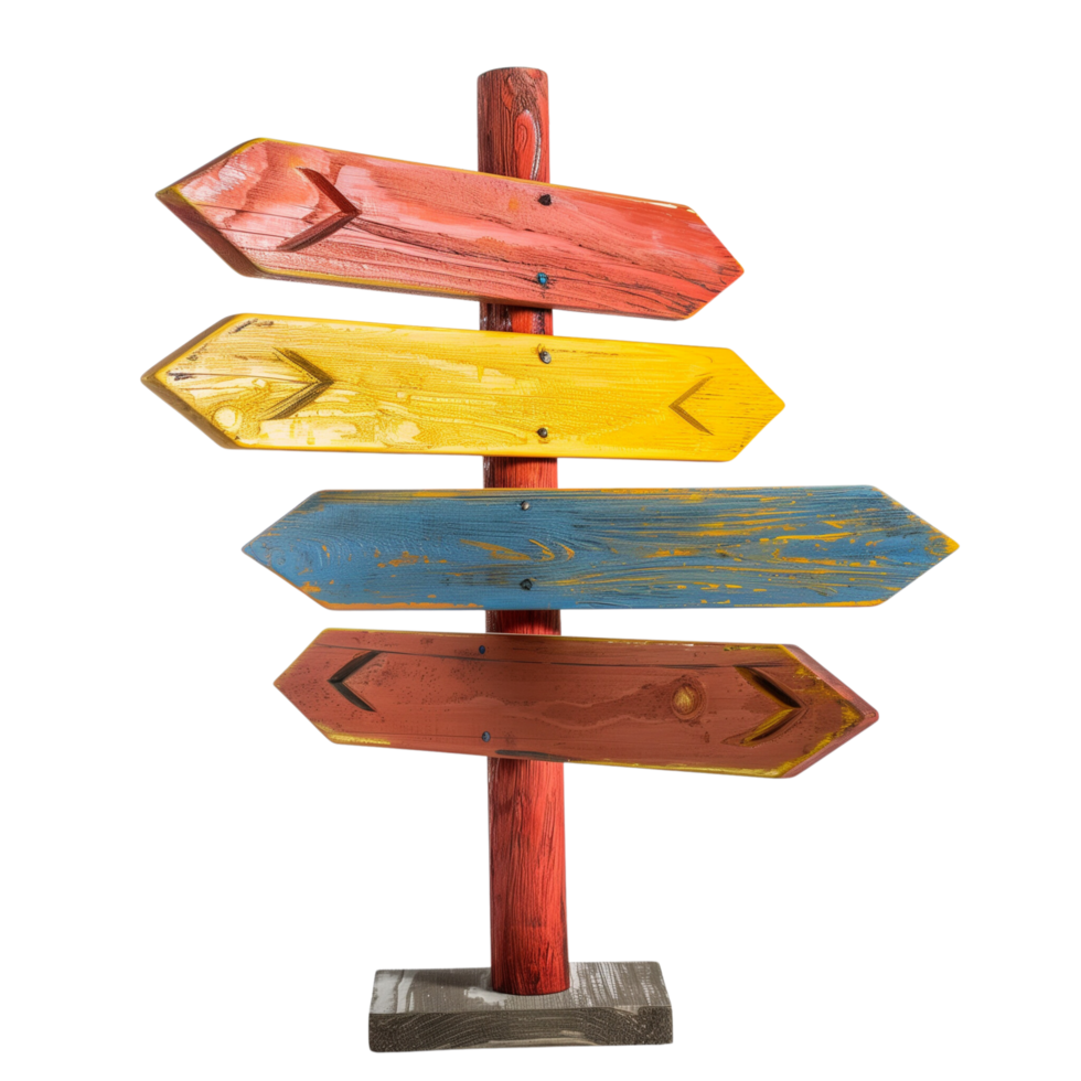A solid color signpost with multiple directional arrows, isolated on a transparent background png