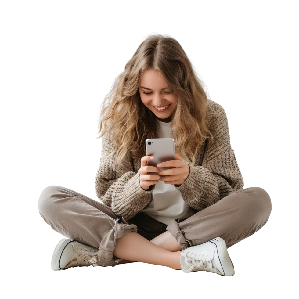A woman sits on the floor, joyfully watching her smartphone, isolated on a transparent background png