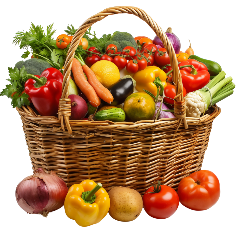 A wicker basket overflowing with an assortment of vibrant organic vegetables and fruits, isolated on a transparent background png