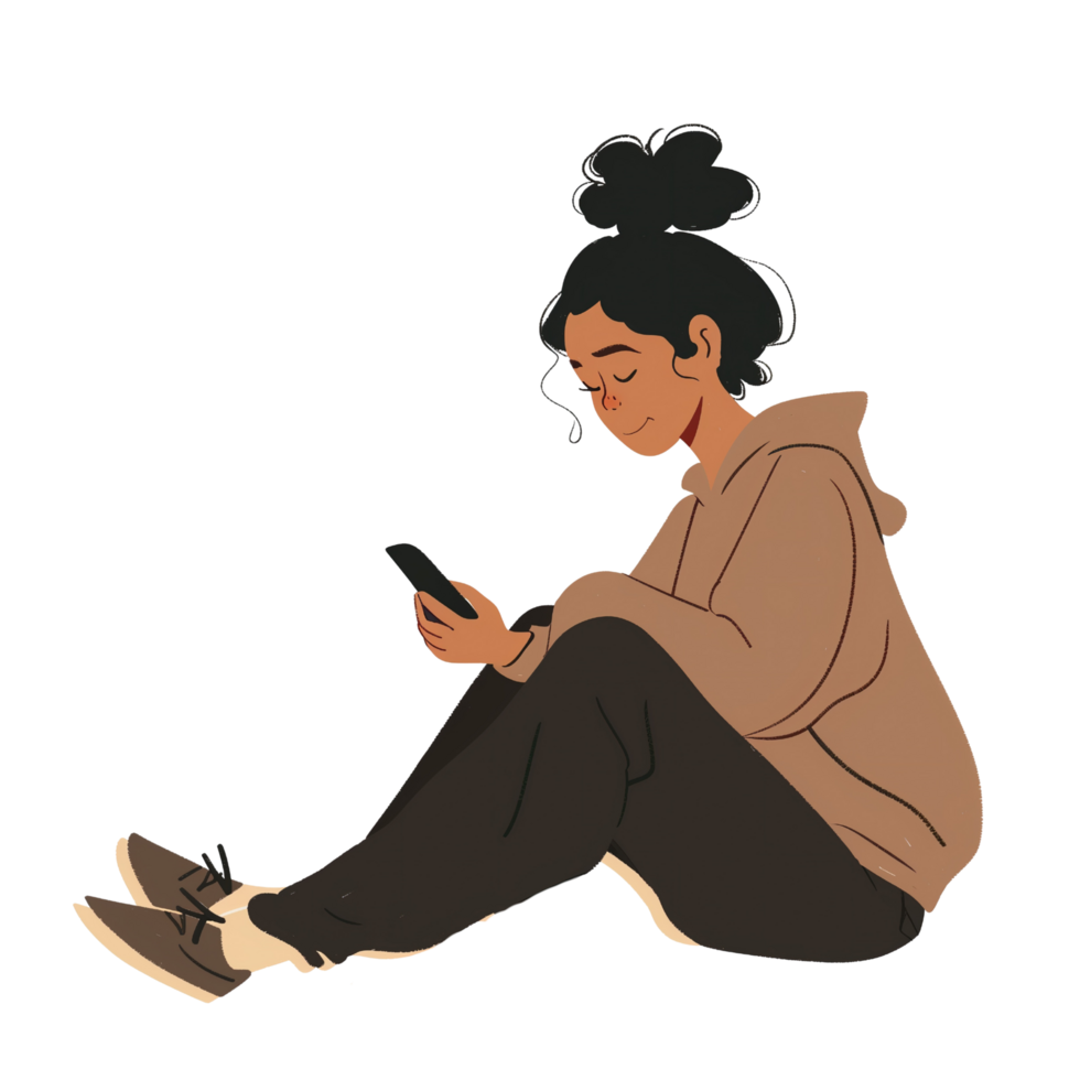 A woman sits on the floor, joyfully watching her smartphone, isolated on a transparent background png