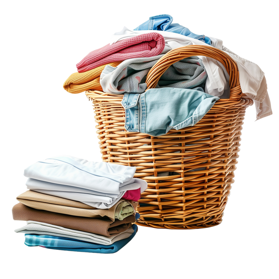 A wicker laundry basket overflowing with clean clothes, next to a stack of freshly laundered and folded garments isolated on a transparent background png