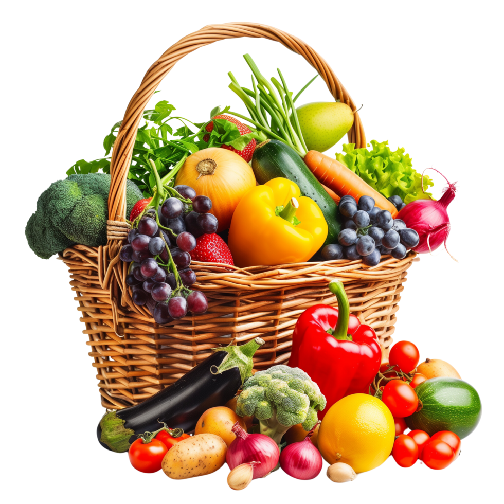 A wicker basket overflowing with an assortment of vibrant organic vegetables and fruits, isolated on a transparent background png