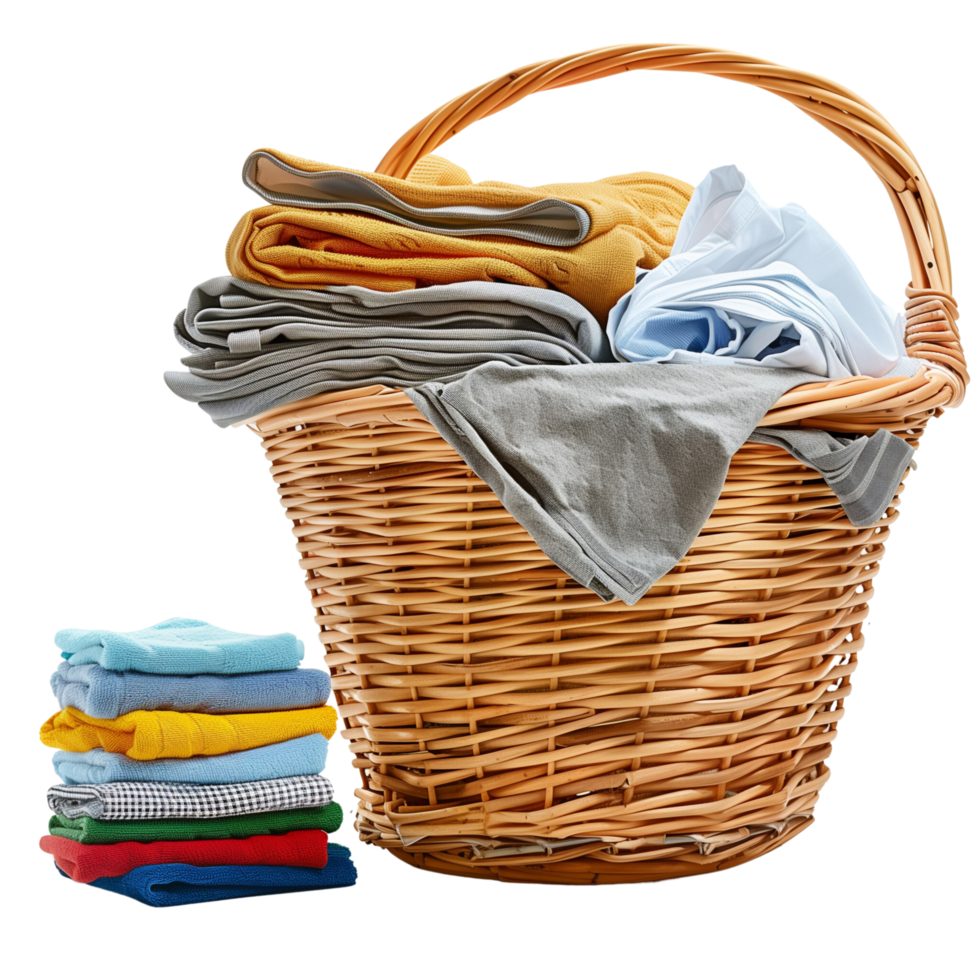 A wicker laundry basket overflowing with clean clothes, next to a stack of freshly laundered and folded garments isolated on a transparent background png
