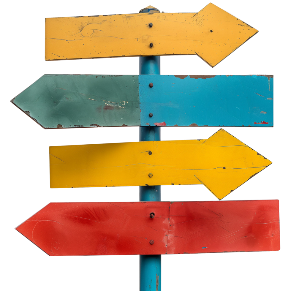 A solid color signpost with multiple directional arrows, isolated on a transparent background png