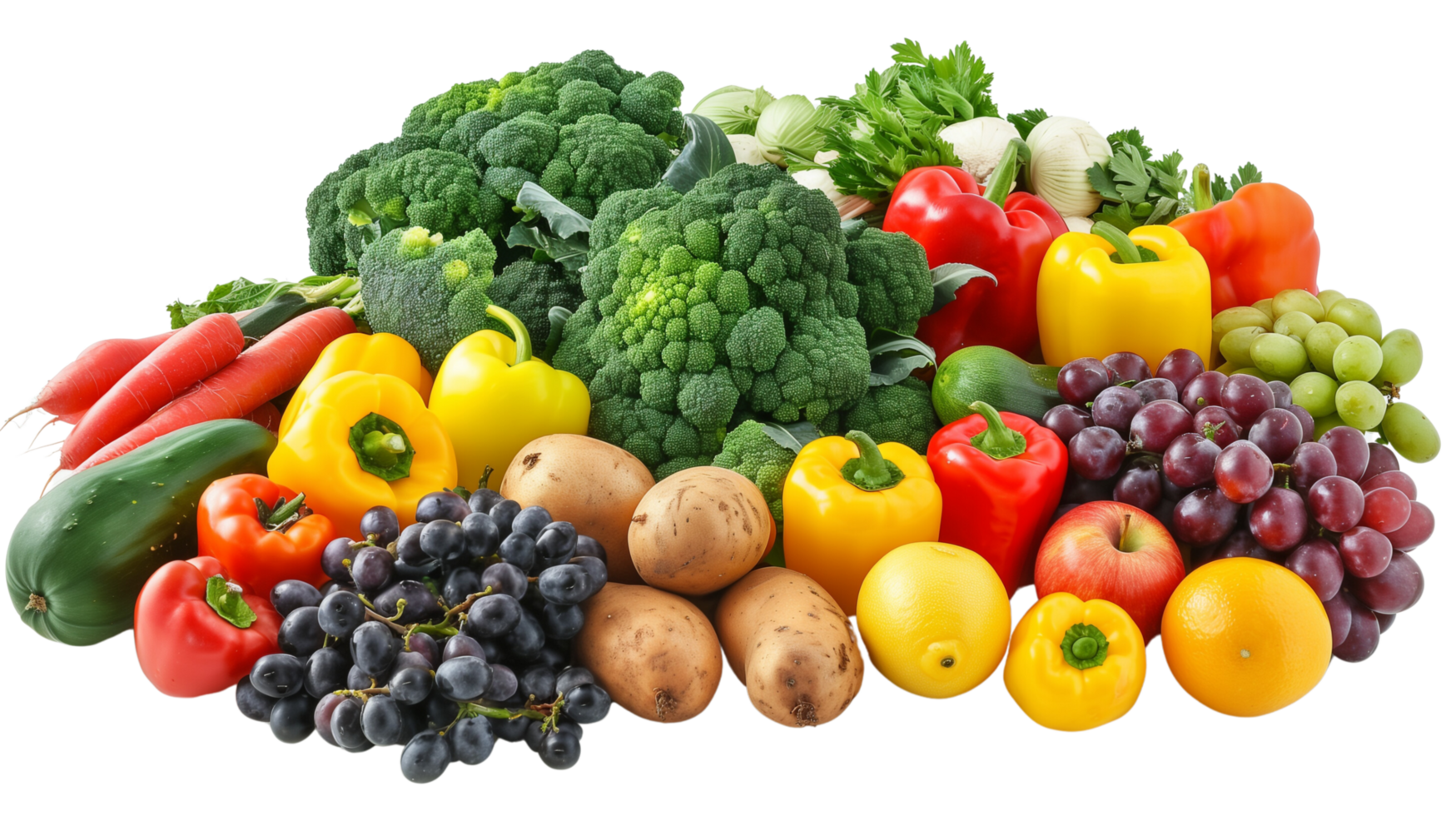 A vibrant assortment of fresh fruits and vegetables isolated on a transparent background png