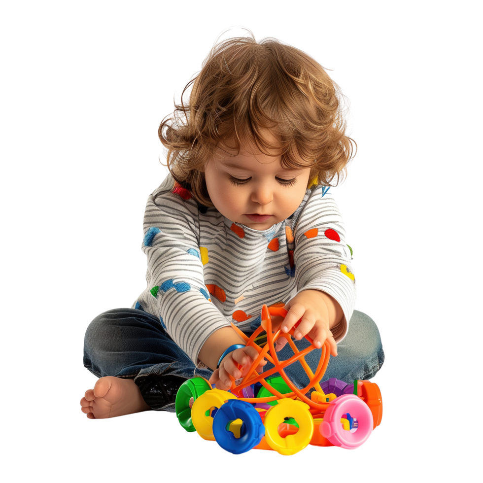 A young child playing with a colorful toy, captured in a moment of joy and curiosity, isolated on a transparent background png