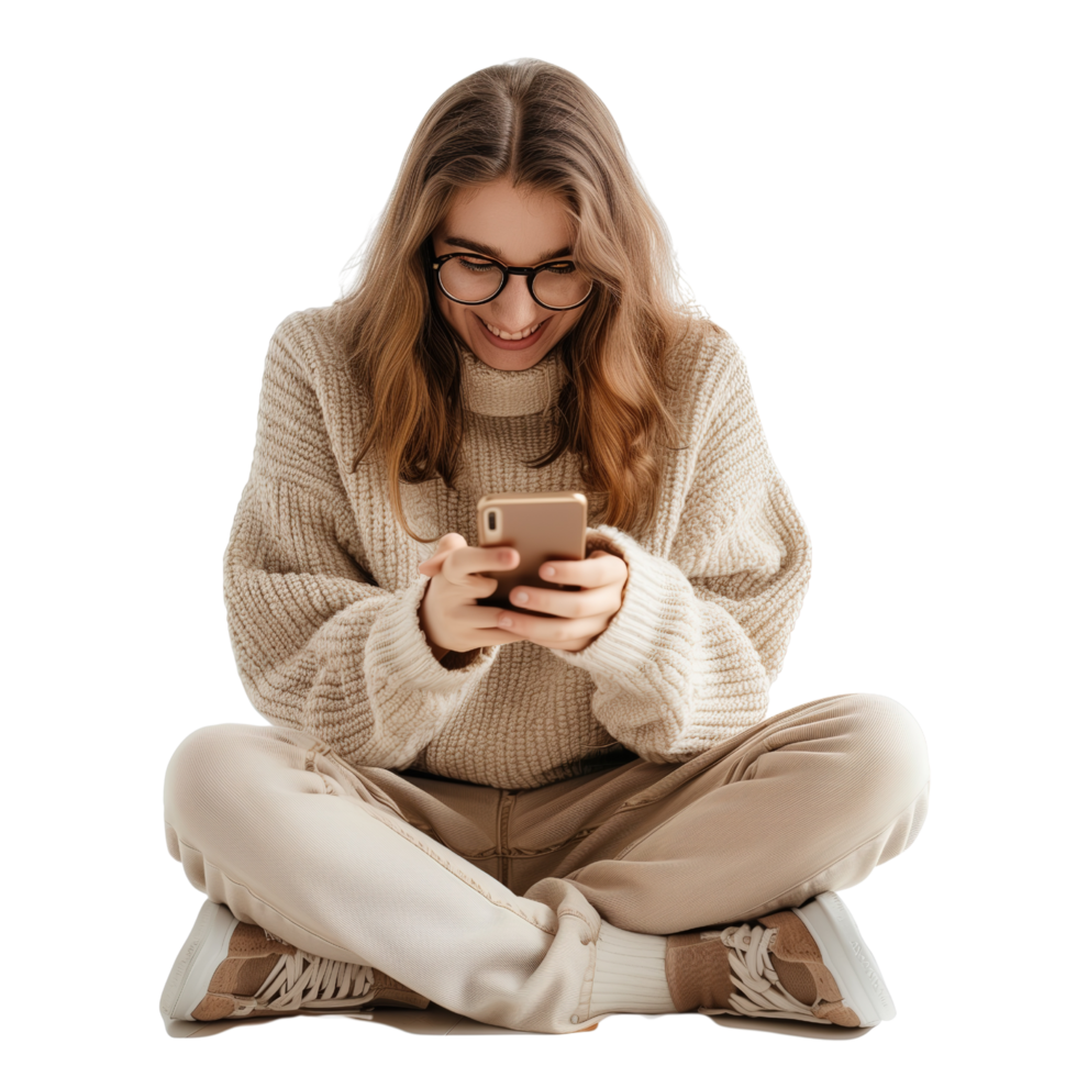 A woman sits on the floor, joyfully watching her smartphone, isolated on a transparent background png