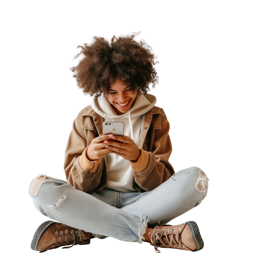 A woman sits on the floor, joyfully watching her smartphone, isolated on a transparent background png