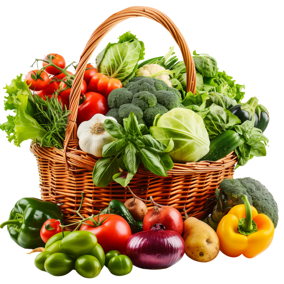 A wicker basket overflowing with an assortment of vibrant organic vegetables and fruits, isolated on a transparent background png