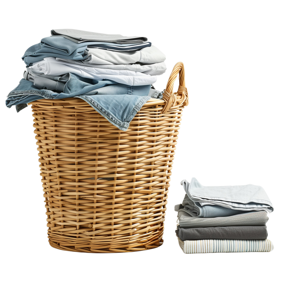 A wicker laundry basket overflowing with clean clothes, next to a stack of freshly laundered and folded garments isolated on a transparent background png