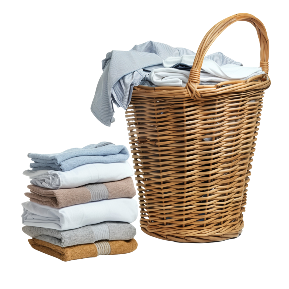 A wicker laundry basket overflowing with clean clothes, next to a stack of freshly laundered and folded garments isolated on a transparent background png