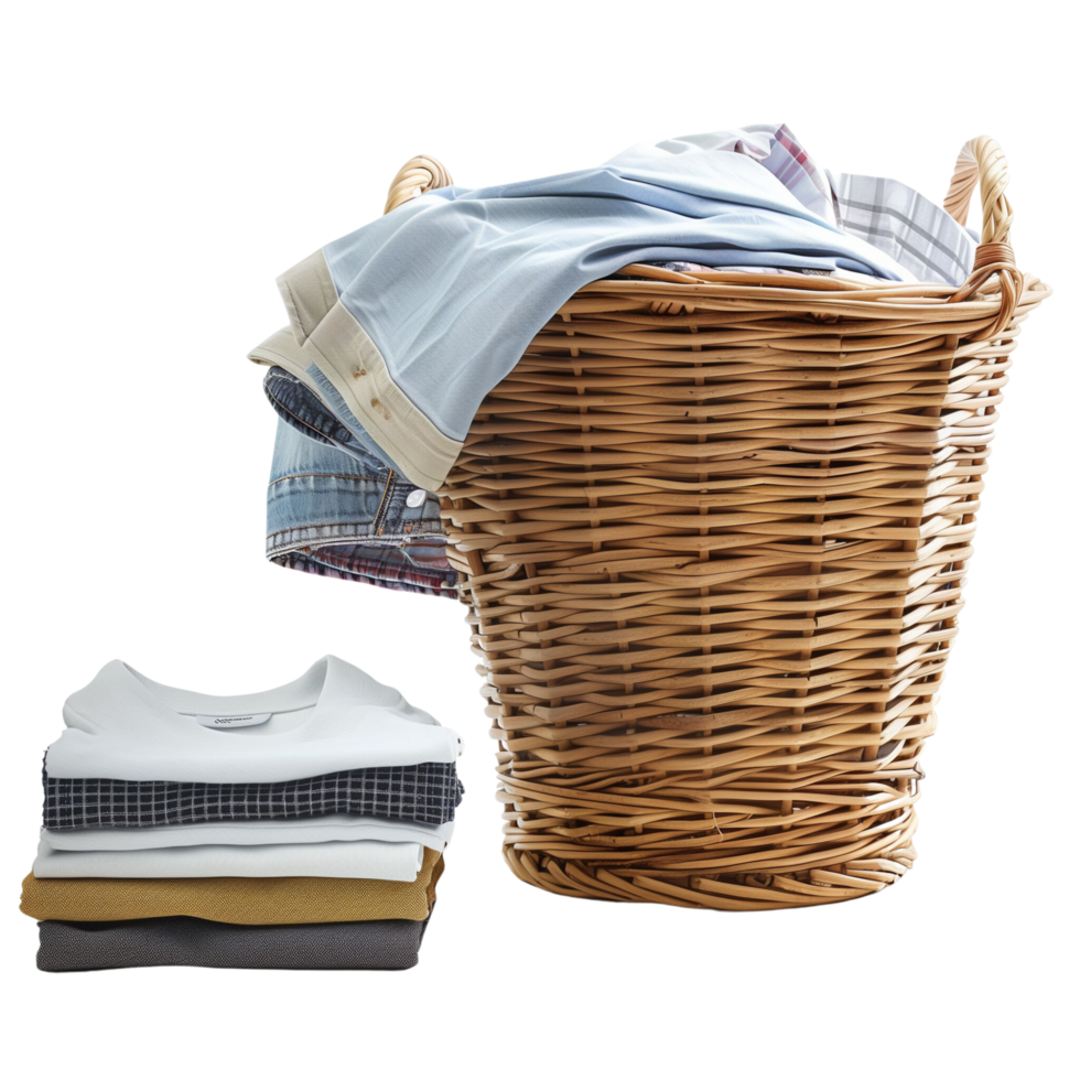 A wicker laundry basket overflowing with clean clothes, next to a stack of freshly laundered and folded garments isolated on a transparent background png