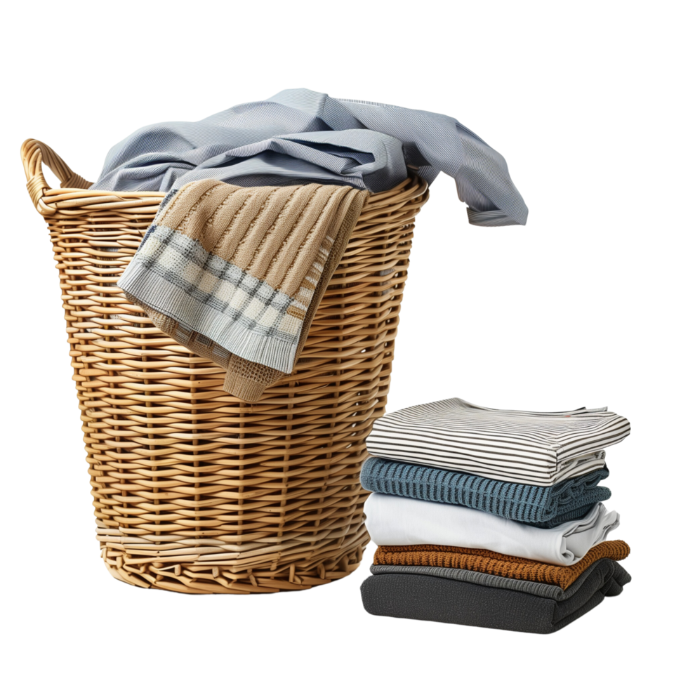A wicker laundry basket overflowing with clean clothes, next to a stack of freshly laundered and folded garments isolated on a transparent background png