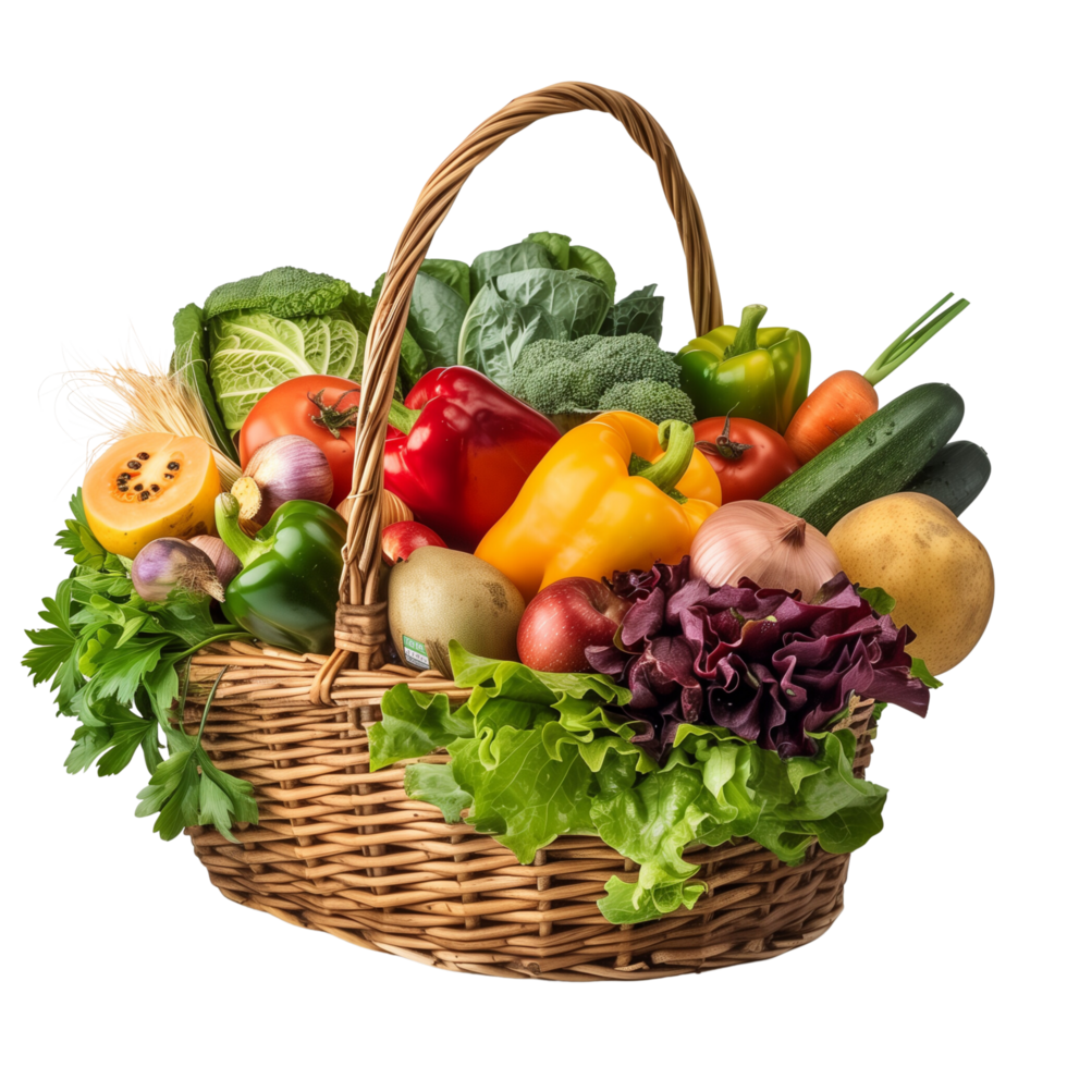 A wicker basket overflowing with an assortment of vibrant organic vegetables and fruits, isolated on a transparent background png