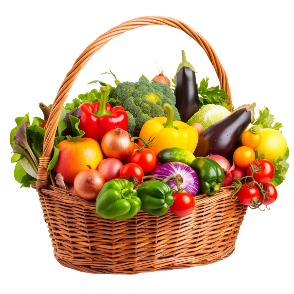 A wicker basket overflowing with an assortment of vibrant organic vegetables and fruits, isolated on a transparent background png