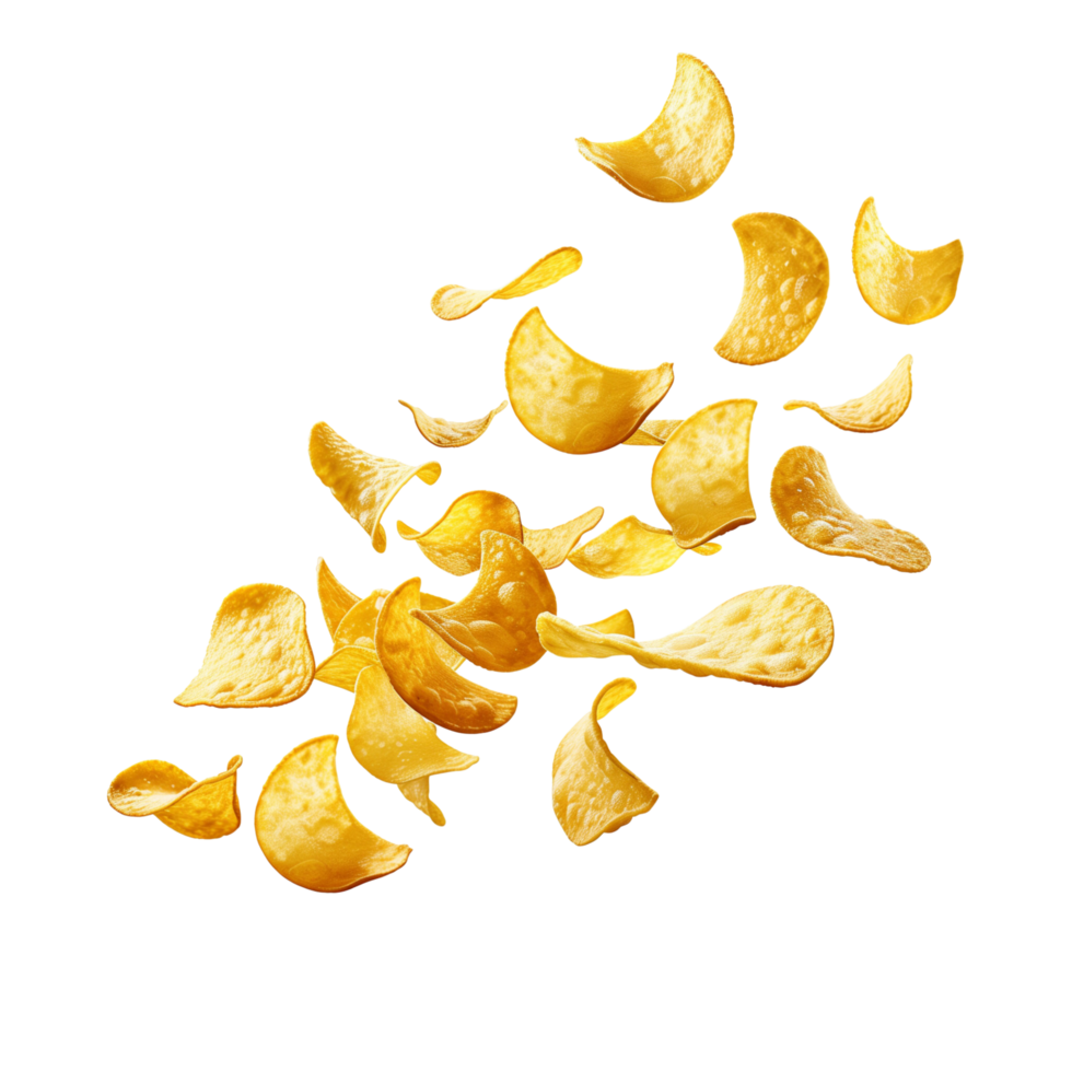 Potato chips frozen in motion, flying isolated on a transparent background png